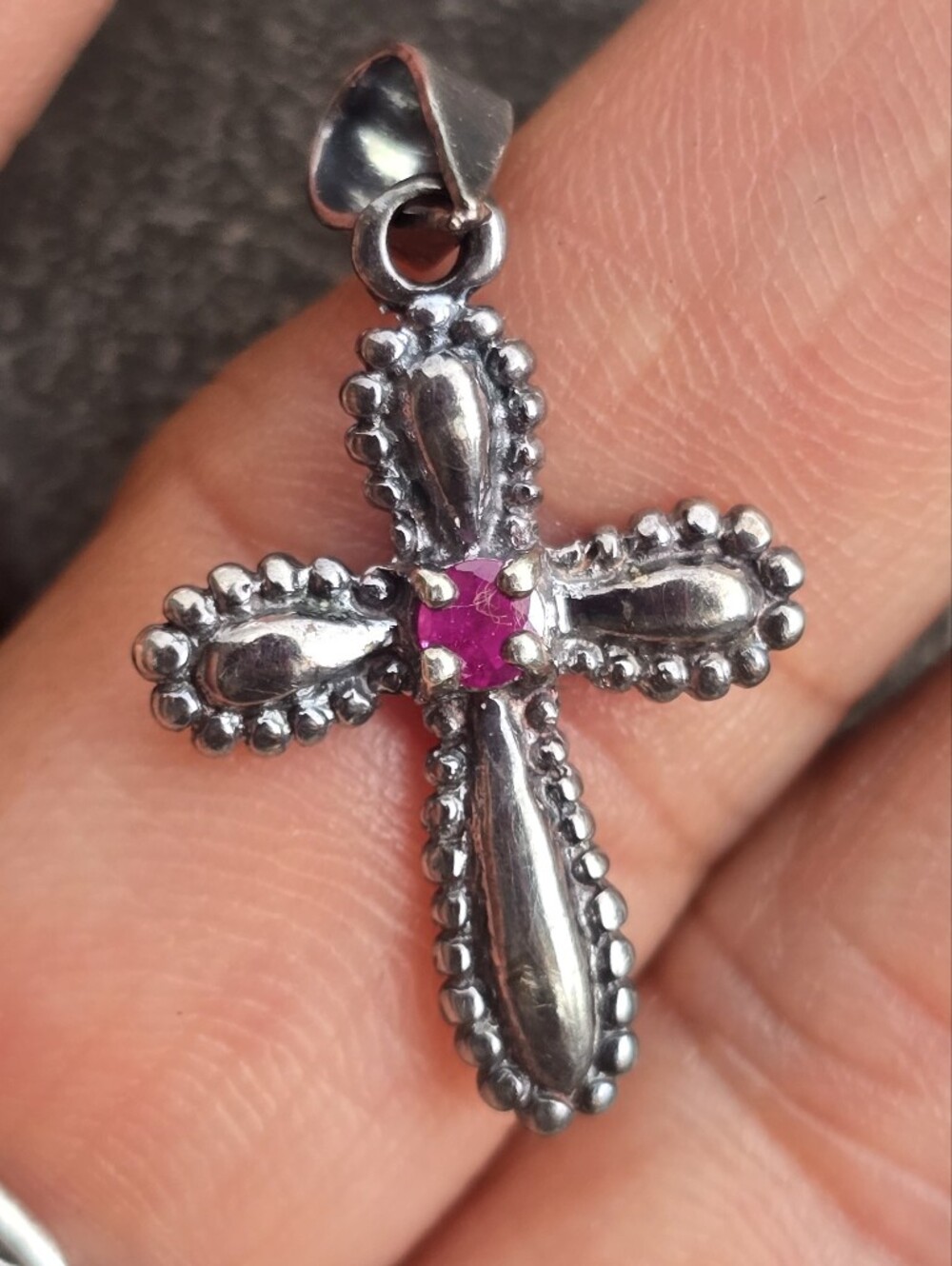 Solid sterling silver beaded cross with ruby necklace pendant